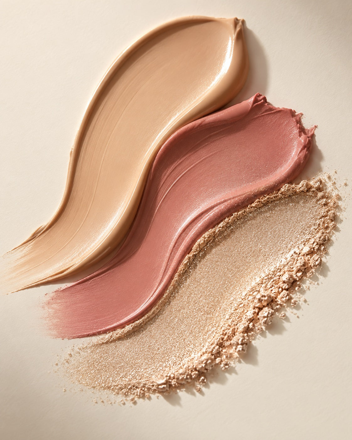 Texturas de maquillaje nude, rosa y champagne sobre fondo marfil